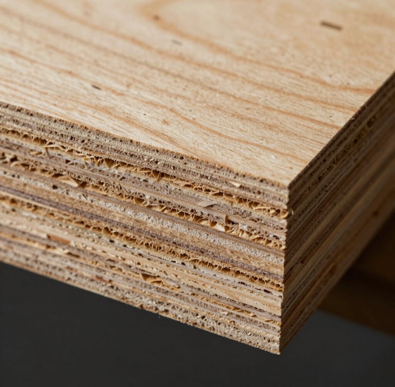 Extreme macro cross-section of multi-layered structural plywood, showing zero-void core density and precise veneer alignment, cool industrial studio lighting.