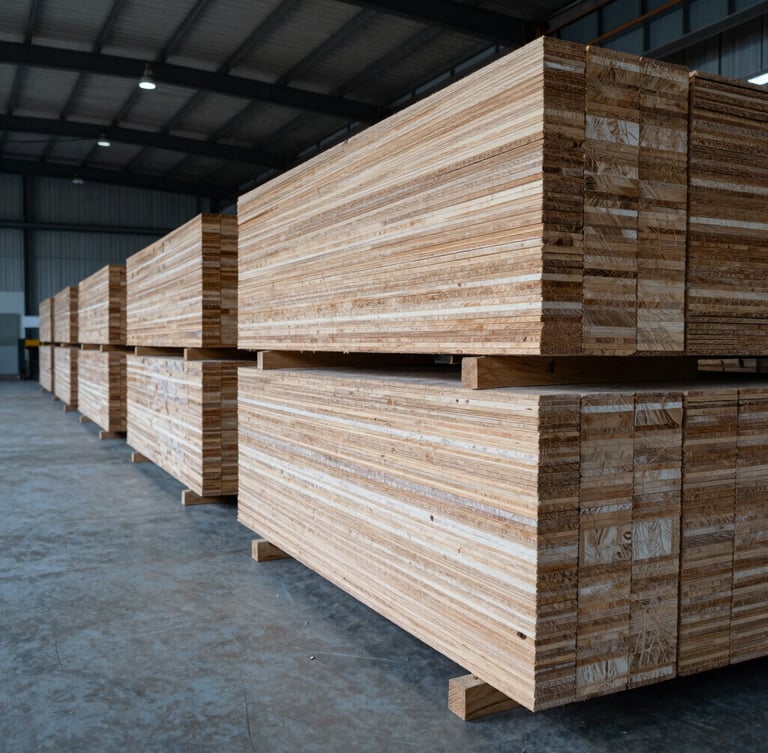Wide-angle cool-toned industrial warehouse bay with high-contrast stacks of raw birch veneer sheets, precise edges aligned, overhead factory lighting, negative space on the left third