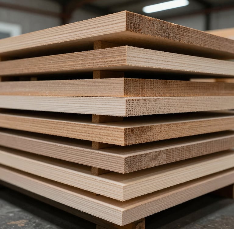 High-contrast macro shot of stacked raw veneer flitches in a cool-toned industrial warehouse bay, showing tight grain profiles and calibrated edges.