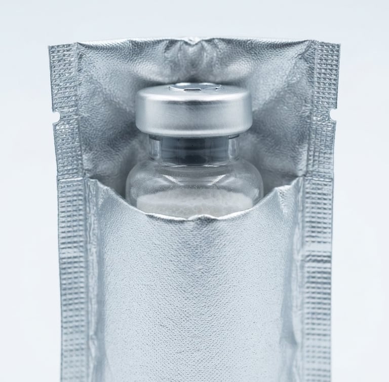Crisp clinical product photography of a lyophilized peptide vial resting inside a custom sterile thermal foil insulation sleeve, cool silver tones, bright high-key studio lighting, white sterile background, macro lens, 50mm