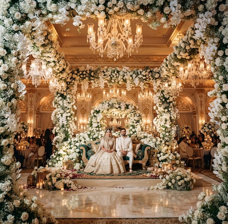 Wide-angle luxury editorial photography of a grand Indian wedding stage with cascading white floral decor and crystal chandeliers, golden-hour ambient light, medium format film