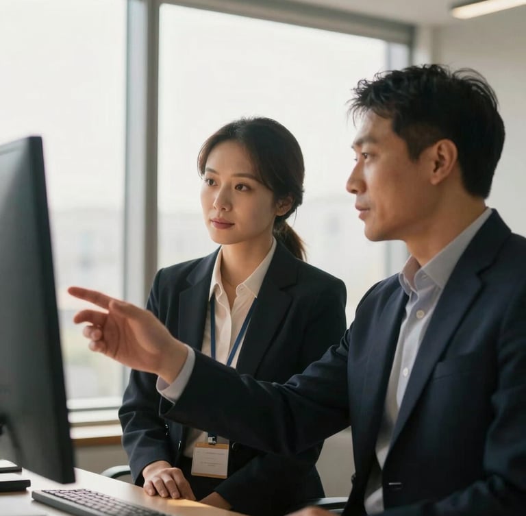 Two professionals in a modern office, one gesturing towards a screen, the other listening intently, soft natural window light, deep navy and warm gold tones, shallow depth of field, 35mm lens.