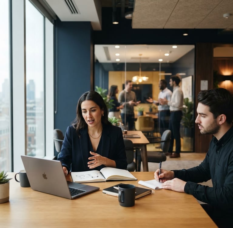 A modern, high-end office interior with soft natural light, a blurred team collaborating in the background, deep navy and warm gold tones, shallow depth of field, 35mm lens.