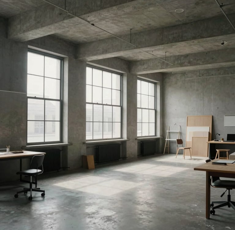 A wide, candid environmental shot of a modern architectural studio space with clean lines, concrete walls, large windows letting in soft natural light, and minimal furniture.