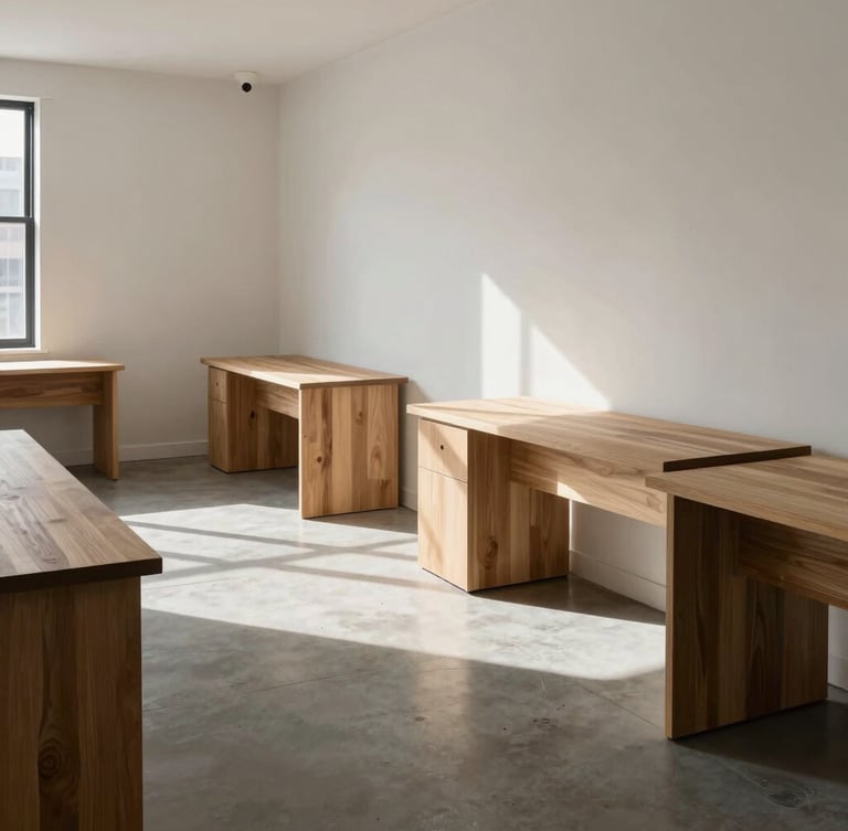 Wide-angle architectural detail of a modern, sunlit design studio in New York, clean concrete floors, minimalist oak desks, soft natural light casting long shadows.