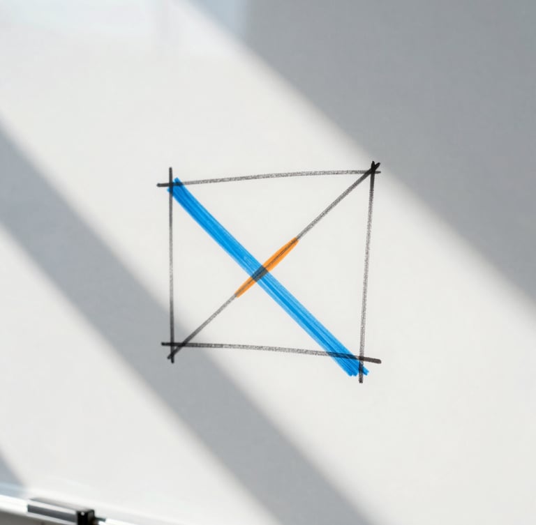 Extreme close-up of a clean whiteboard with sharp geometric diagrams drawn in black marker, crisp daylight casting long geometric shadows, 35mm
