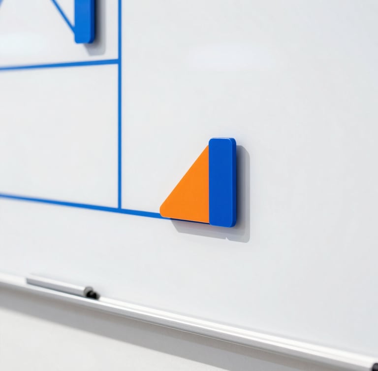 Extreme close-up of a crisp whiteboard with clean geometric diagrams and sharp shadows, vivid blue accents, clean white background, 35mm