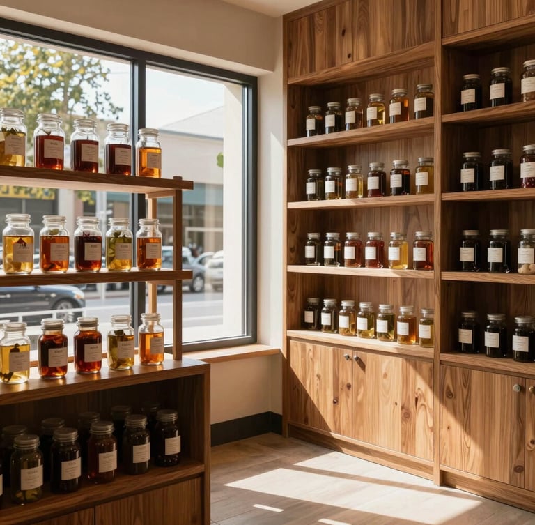 Warm wood-paneled interior of a premium cannabis apothecary storefront, soft natural daylight streaming through large windows, clean glass jars on oak shelves
