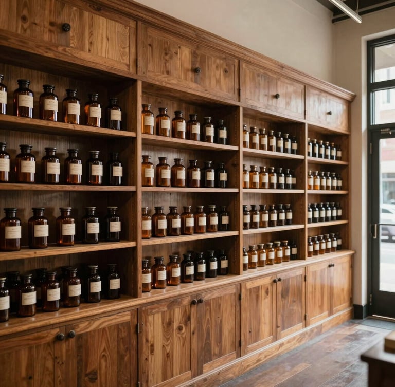 Wide environmental interior shot of a warm, wood-paneled apothecary storefront on 16th St NE, shelves lined with amber glass jars, soft diffused natural daylight, no people.