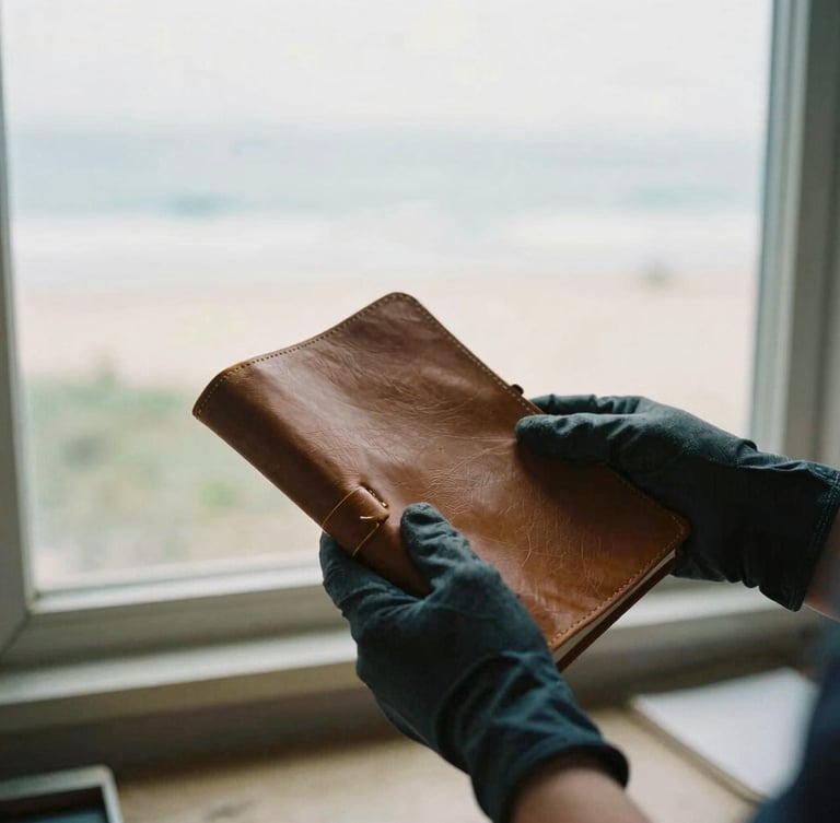 Gloved hands of a student holding a vintage leather-bound ledger under natural window light, soft focus, archival preservation workshop