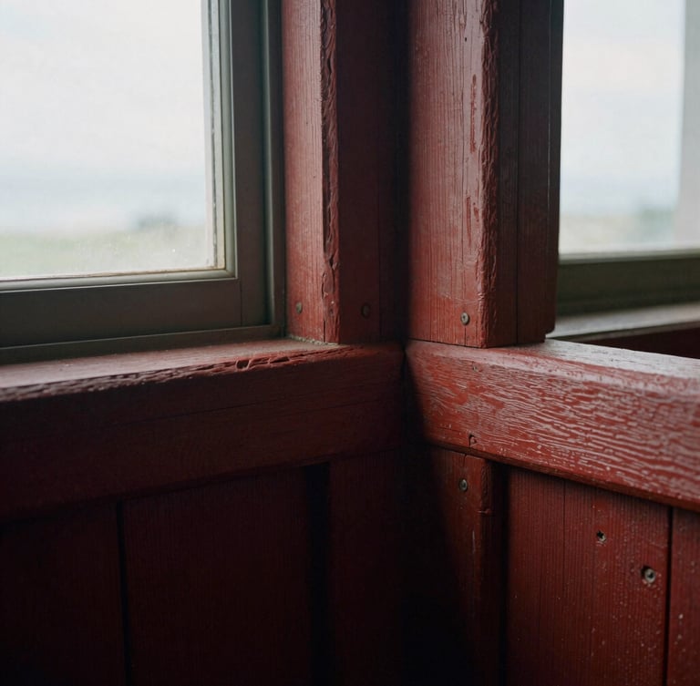 Medium close-up of weathered 19th-century redwood timber joinery, hand-carved mortise and tenon joints, soft natural window light casting gentle shadows, tactile wood grain, 35mm film photography.