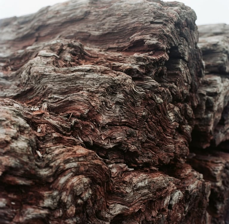 Close-up of weathered coastal redwood timber with deep grain, soft foggy morning light, 35mm film grain