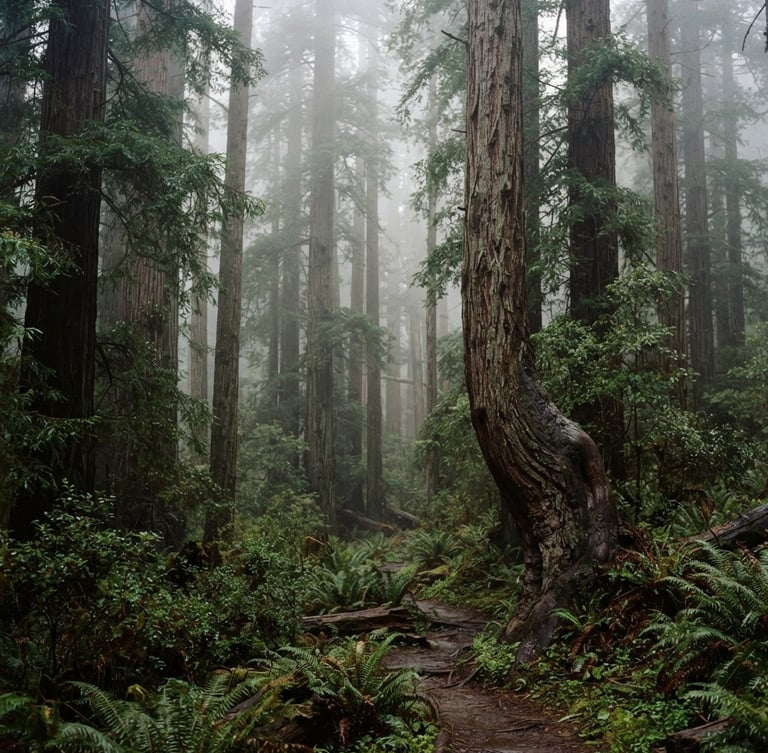 Atmospheric 35mm film photography of dense coastal fog rolling over a towering grove of old-growth redwoods, soft diffused morning light, rich deep green and redwood bark tones, tactile grain.