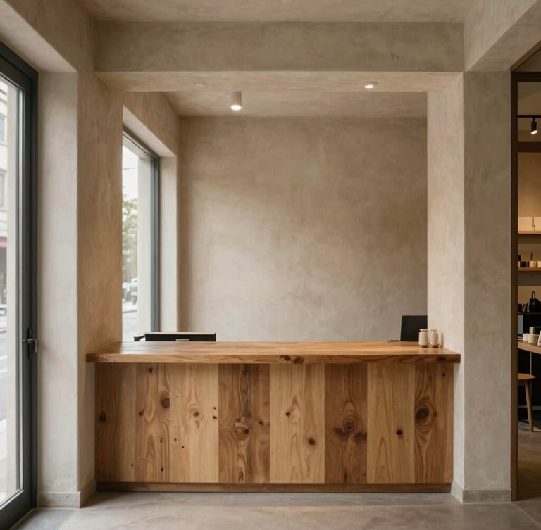 Straight-on architectural elevation of a serene boutique storefront interior, warm plaster walls, raw wood counter, soft natural window light, muted earth tones, 35mm film texture
