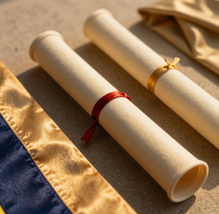 Close-up of textured diploma tubes and high-quality colored satin sashes of graduation gowns, soft golden hour backlighting, warm sand tones.
