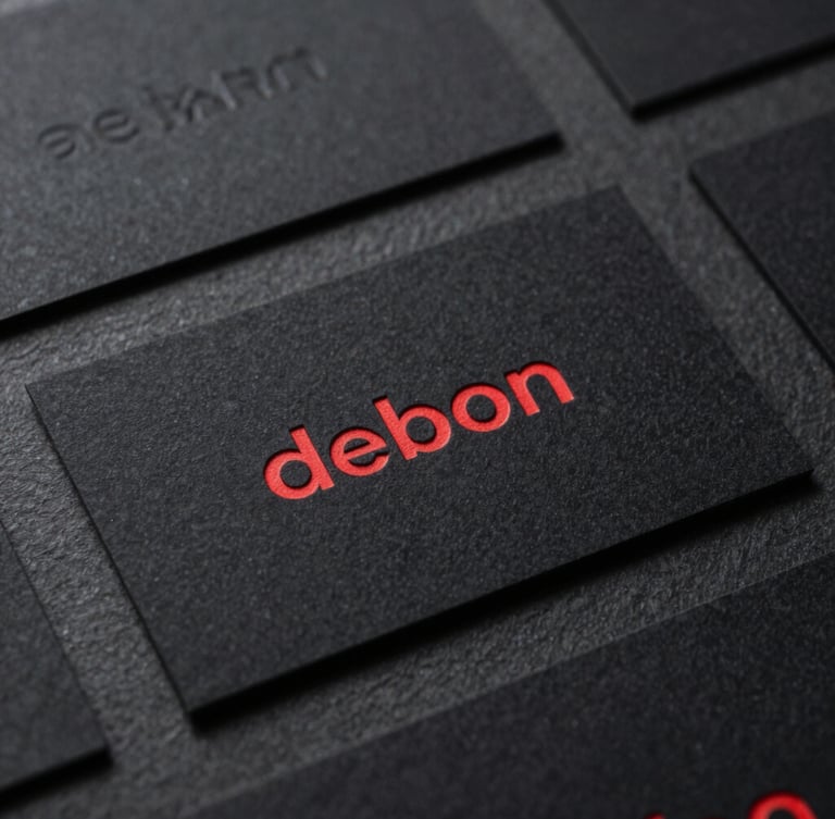 Editorial portrait format close-up of physical brand collateral, sleek black business cards with debossed crimson typography resting on a dark slate surface, moody lighting.