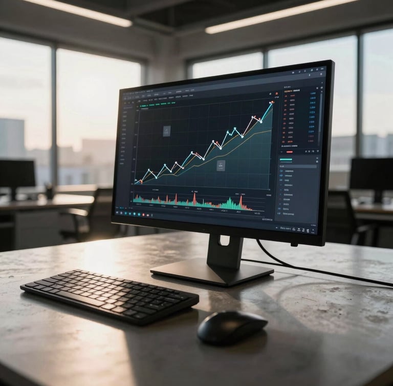 Tight, dynamic angle of a dark-mode digital dashboard displaying climbing growth charts on a high-end monitor, reflected in a polished concrete war-room table, dramatic late-afternoon sunlight cutting through office windows.