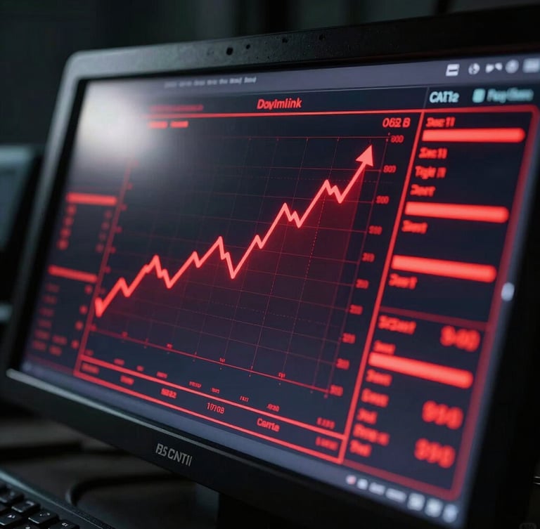 Dynamic high-contrast close-up of a digital dashboard on a screen in a dark war-room, glowing red data lines and upward trends reflecting on a glass surface, moody key light.