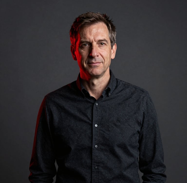 High-contrast editorial portrait of a founder in a moody studio setting, strong key light, deep shadows, red accent lighting.