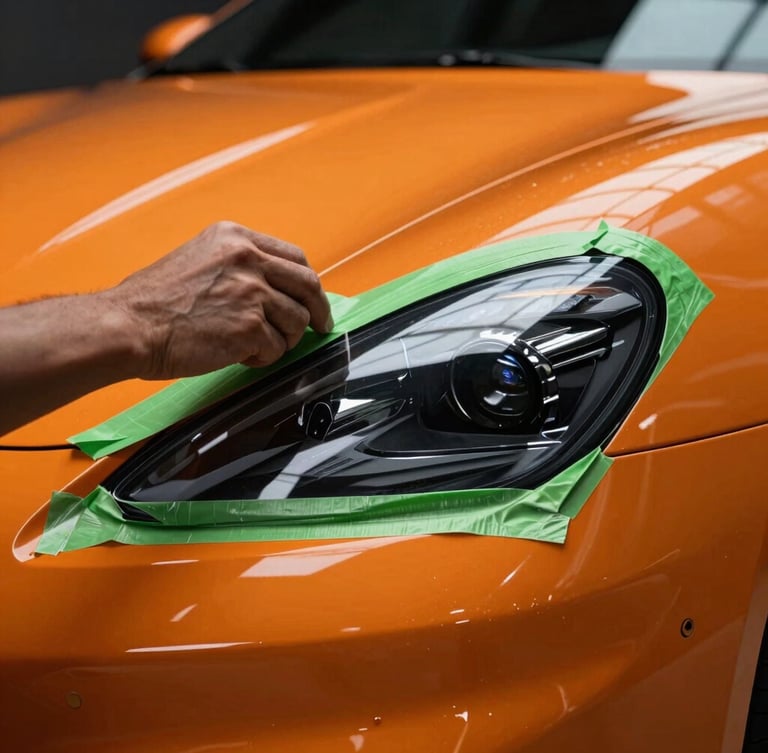 Extreme close-up of a technician applying green masking tape to a sports car headlight edge, dramatic studio lighting, high-contrast neon orange reflections, 50mm