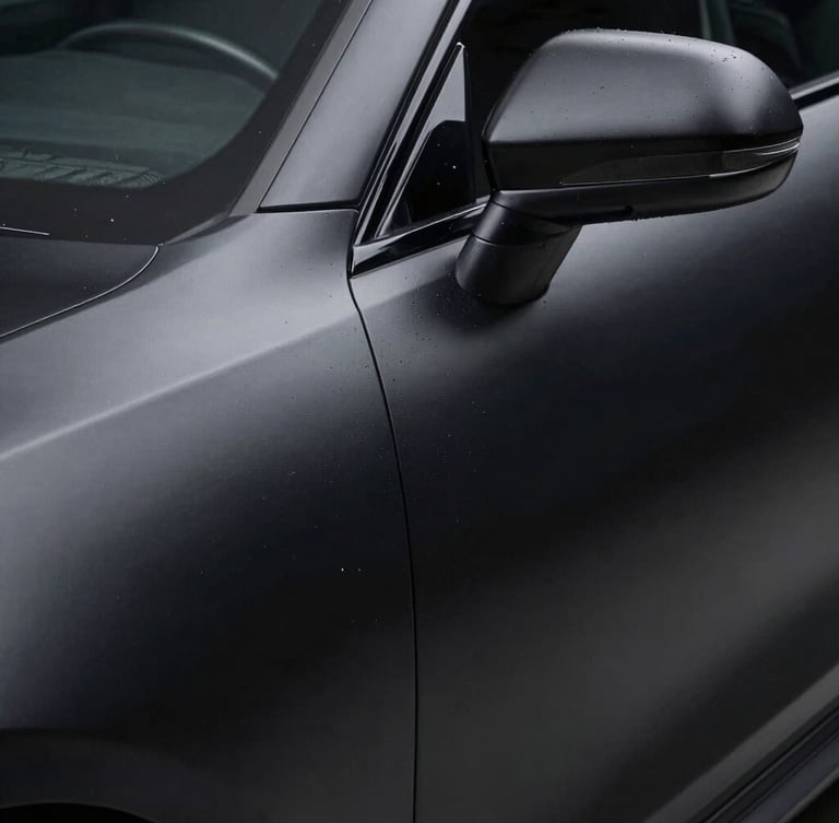 Extreme close-up of a perfectly applied matte black liquid wrap finish on a car panel, studio lighting, showing texture and precise edge-to-edge coverage, 50mm.