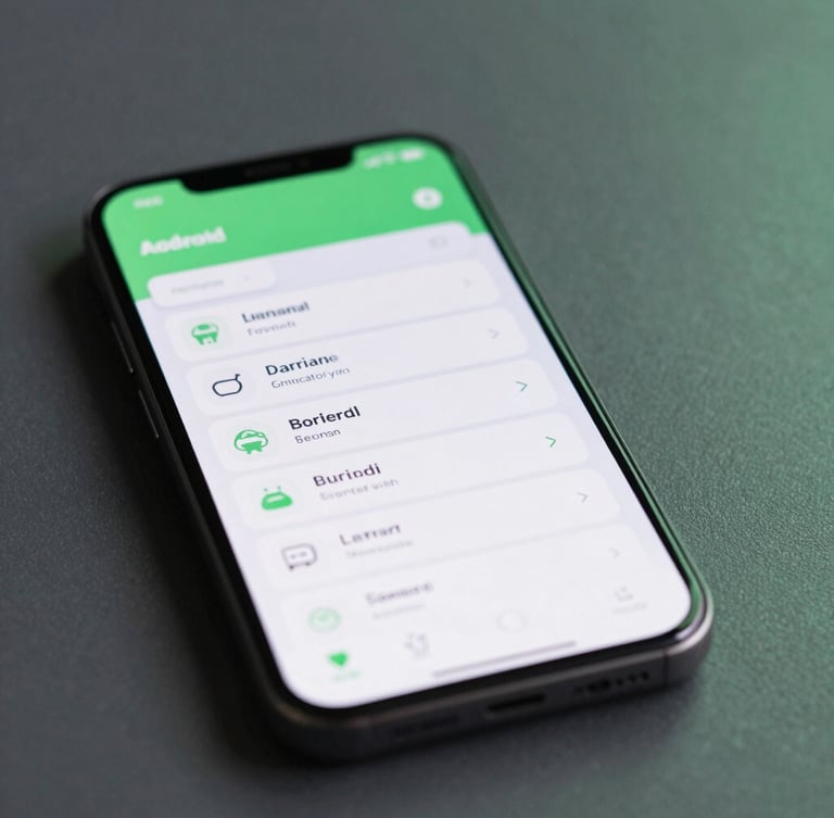 Sleek tech photography of a high-fidelity mobile UI mockup on a physical Android device, cool studio lighting with subtle green neon accents, crisp details, 35mm