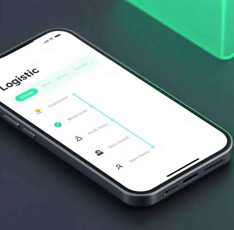 Sleek isometric mockup of a logistics application interface displayed on a modern Android device, clean data flow lines glowing with subtle blue accents, 35mm