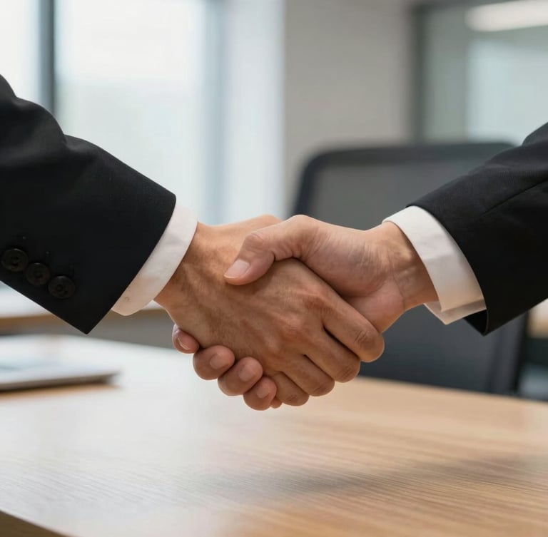 Close-up of two professional hands shaking warmly over a clean wooden table in a corporate office, soft focus daylight background