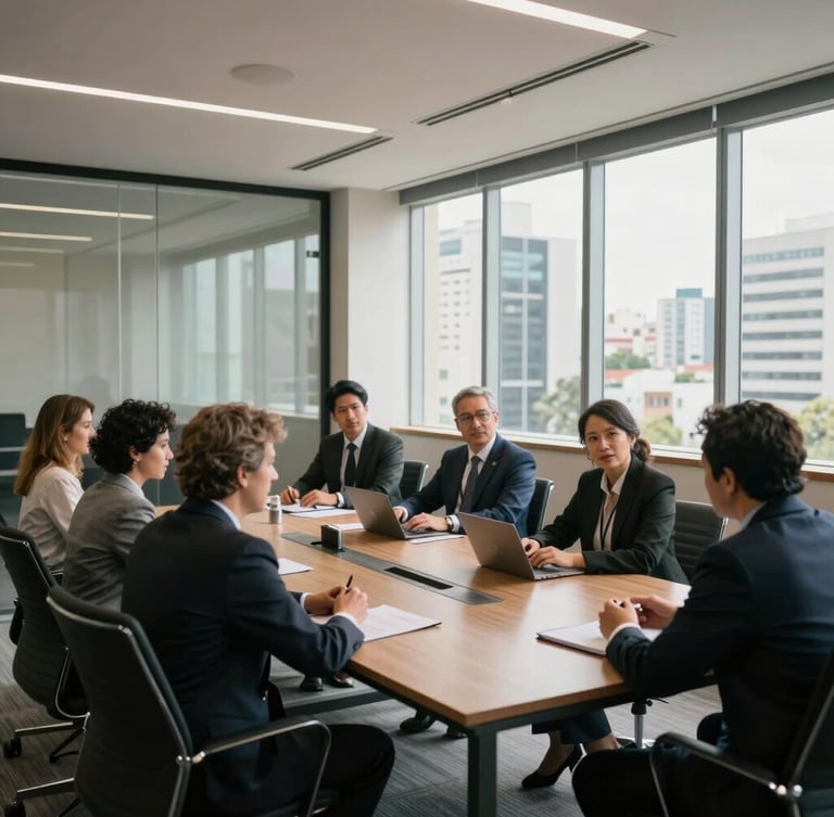 Medium-wide environmental shot of a professional, modern corporate office in São Paulo, collaborative negotiation tables, natural bright daylight filtering through large windows, architectural lines projecting stability.