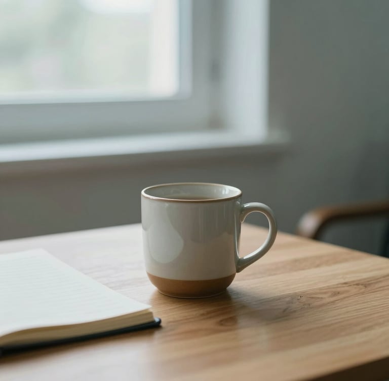 Close-up of a psychologist's workspace, a warm ceramic mug on a wooden desk next to a notebook, soft side lighting from a window, peaceful clinical atmosphere