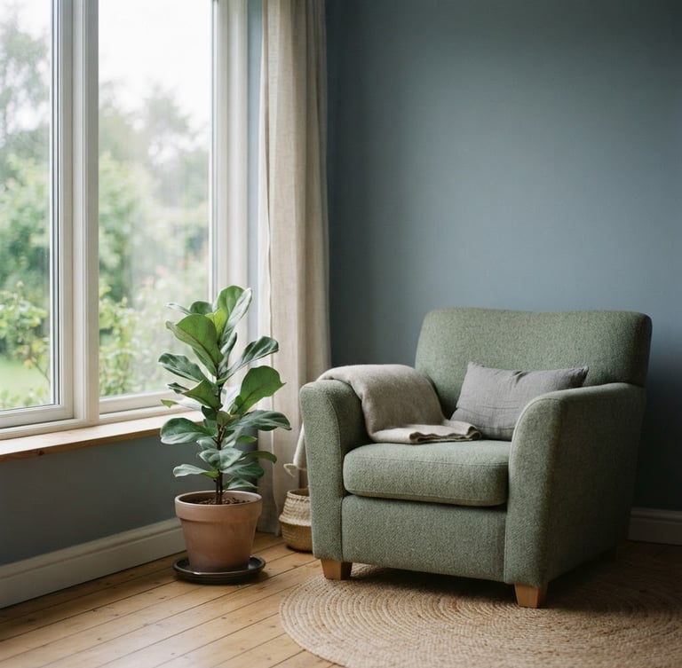 Minimalist interior with soft natural light, a comfortable armchair next to a window with a green plant, calm and peaceful atmosphere, 35mm photography