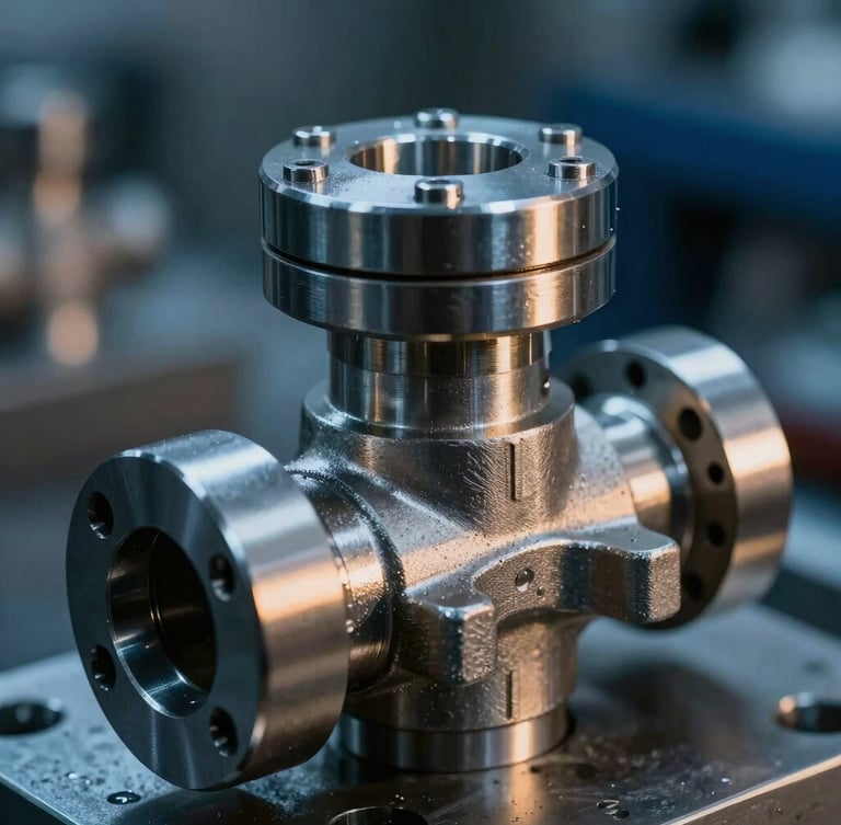 Macro close-up of a high-precision stainless steel valve body casting, dramatic high-contrast workshop lighting with cool blue ambient tones, showing fine metal texture.