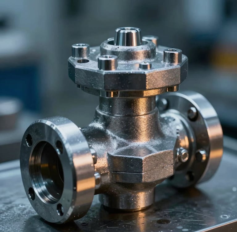 Macro close-up of a finished stainless steel valve casting, showcasing intricate geometric details and a perfectly smooth, defect-free surface under cool blue-toned workshop light