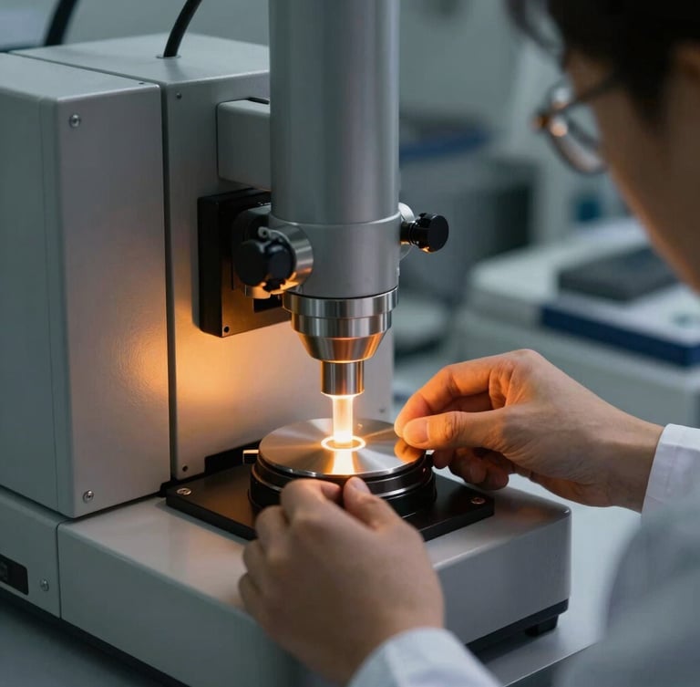 A laboratory technician placing a metal sample into a high-precision optical emission spectrometer, dramatic high-contrast workshop lighting, cool steel gray and glowing amber tones