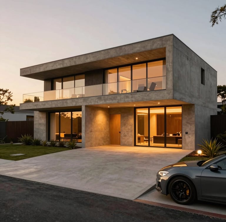 A dramatic golden-hour architectural facade of a modern concrete villa with a clean concrete driveway, warm ambient lights glowing from inside, 35mm photography.