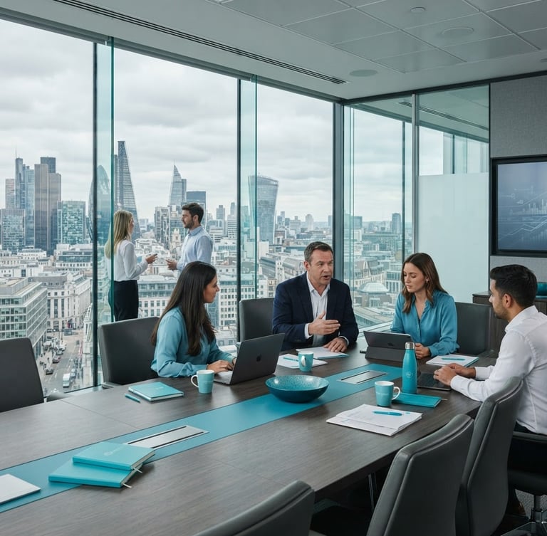 Wide environmental shot of a modern glass-walled corporate boardroom overlooking a clean city skyline at overcast daylight, cool corporate tones with sharp turquoise accents, professional editorial photography