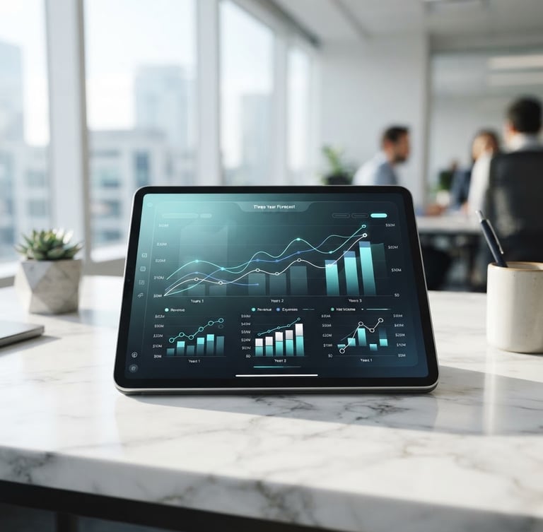 A clean digital interface showing a three-year financial forecast on a tablet, resting on a marble desk in an airy corporate office, natural window light, soft turquoise accents