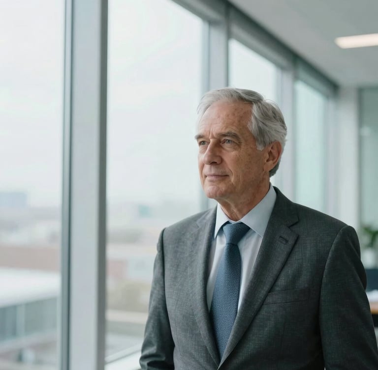 Professional, candid portrait of a senior financial partner in a bright, modern glass-walled office, natural window light, looking thoughtfully slightly off-camera, professional editorial photography