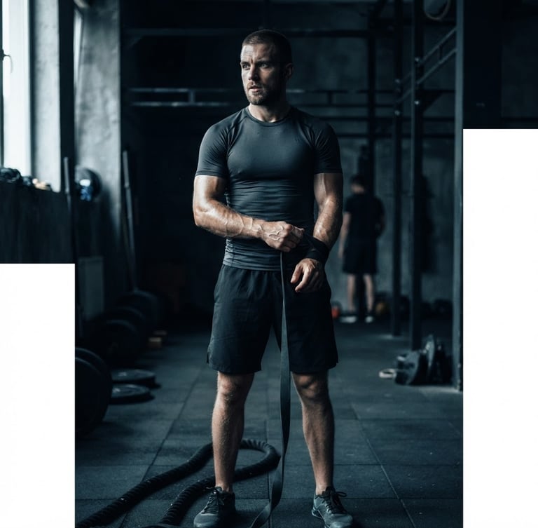 Portrait of a focused male fitness athlete in professional athletic apparel standing in a moody gym with high-contrast side-lighting, desaturated cool tones, sharp focus, 35mm.