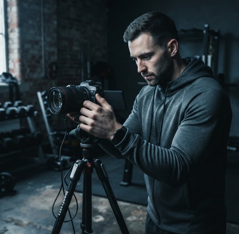 A close-up of a focused male fitness creator in a dark grey athletic hoodie, adjusting a camera on a tripod in a moody, side-lit gym studio, sharp focus, desaturated cool tones