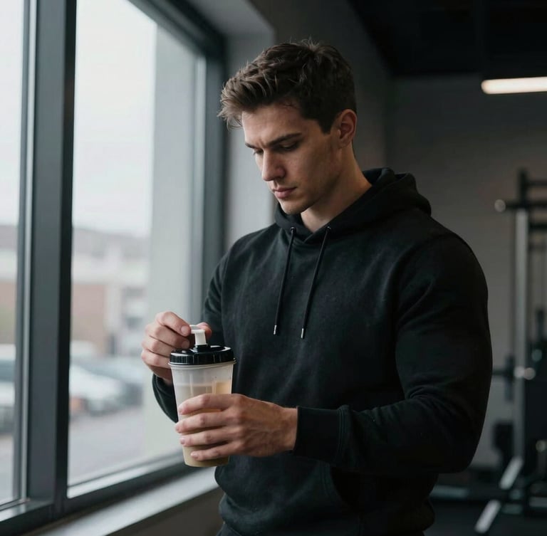 A focused male athlete in a dark studio, wearing a clean black hoodie, preparing a precise protein shake near a window with moody side-lighting, 35mm photography
