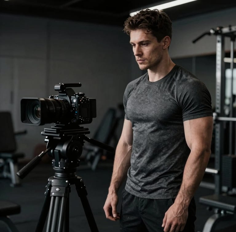 A focused male fitness creator recording a video with a professional camera setup in a moody gym. High-contrast side-lighting, desaturated cool tones, sharp focus, 35mm.