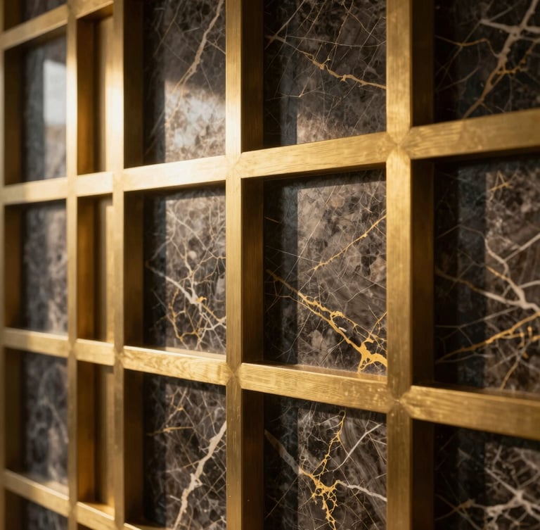 Close-up of premium building materials, bookmatched dark marble with gold veins, brushed brass architectural details, dramatic side lighting, luxury interior detail