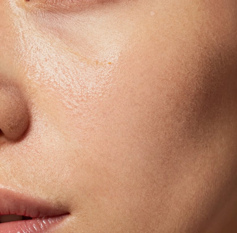 Extreme close-up of real skin texture showing pores and a natural luminous finish, soft gold highlighter catching indirect warm studio light