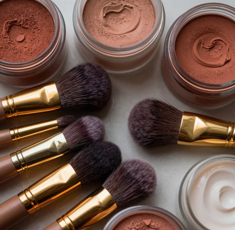 A macro, top-down flatlay of luxury makeup artistry tools: gold-handled brushes, rich terracotta pigments in glass jars, and hydrating creams reflecting soft, diffused morning light.
