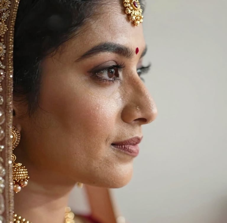 Macro close-up of a South Asian bride's profile, soft diffused morning light catching luminous skin texture, delicate gold jewelry, clean negative space to the right.