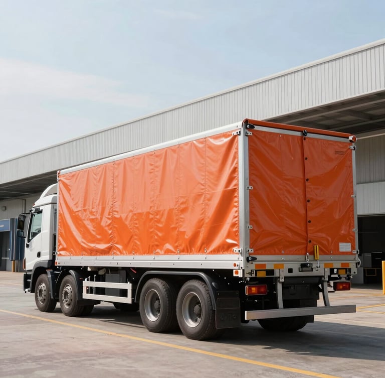 Wide environmental portrait of a 24-foot canopy lorry parked at a modern industrial loading dock in Tuas, Singapore. Bright natural daylight, clean metallic surfaces, heavy-duty orange weather-proof canopy tightly secured, professional and reliable atmosphere.