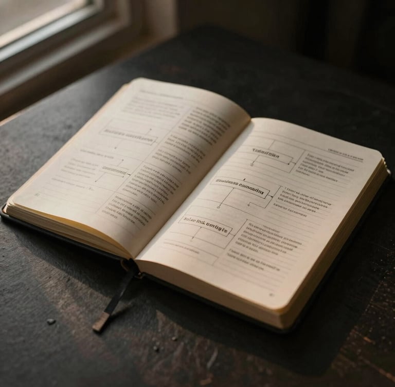 Warm editorial detail photography of an open black notebook showing structured business consulting frameworks, warm side lighting, dark muted tones, 50mm