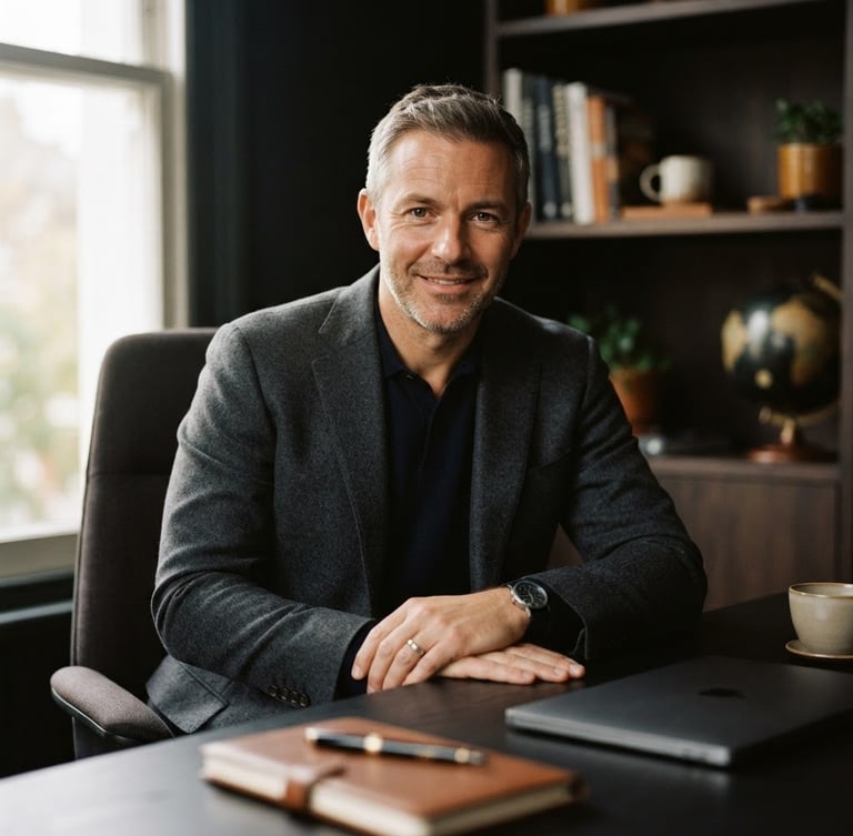 Warm editorial portrait photography of a confident male consultant in his 40s sitting in a minimalist dark home office, soft window light, shallow depth of field, 50mm