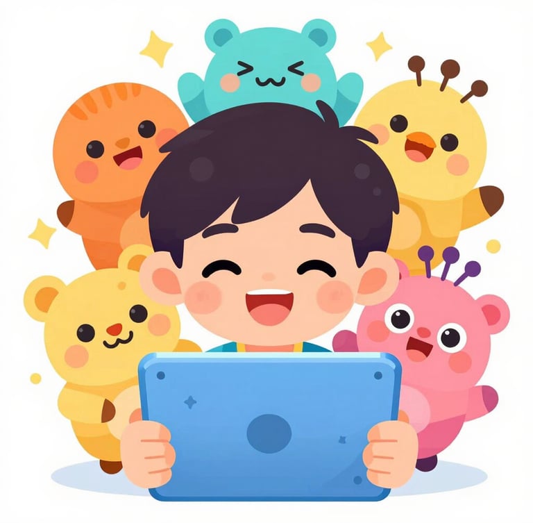 Portrait vector illustration of a happy child watching an animated video on a tablet, with playful cartoon characters peeking from behind the screen, bright and high-key lighting.